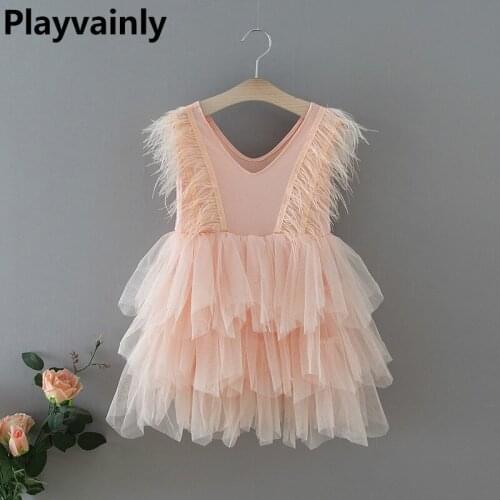 Girls Party Dresses 2020 New V neck Feather Fluffy Tulle Cake Dress Princess Dresses for Wedding Show Baby Clothes E1955