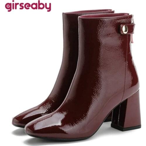 Girseaby Women Genuine Leather Square Heel Ankle Boots Round Toe Patent Leather Zip Designer Brand Big Size 42 Black Red S2311