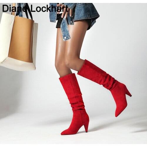 Knee High Boots for Women Folds Western Cowboy Long Boots Female Winter Boots Pointed Toe heels Cowgirl Boots Woman Suede