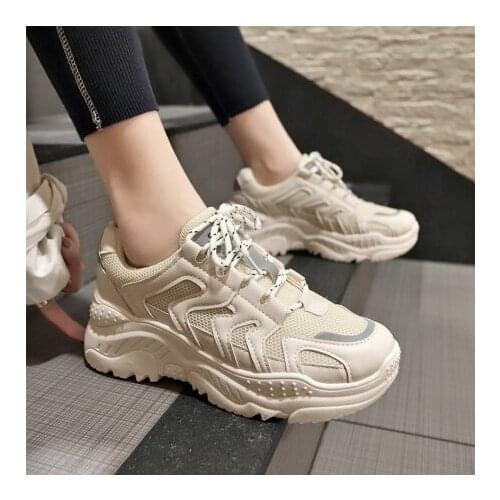 Women Casual Shoes 2020 Spring summer Mesh Breathable Sneakers White Lace-Up Med Wedges Platform Shoes for Women