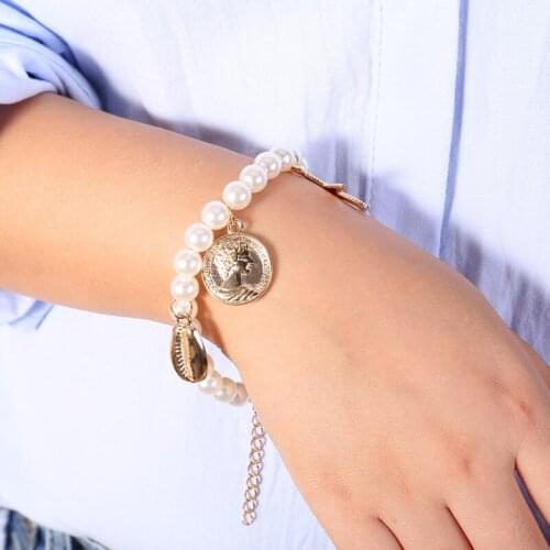 Fashion Gold Color Starfish Shell Coin Bracelet for Women 2019 Simple Jewelry Imitation Pearls Hand Chain Female New Arrival