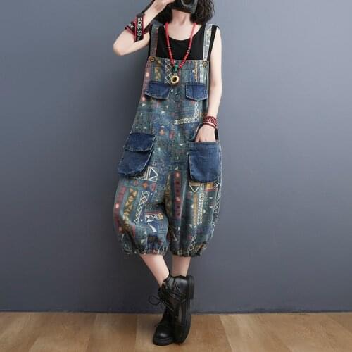 Streetwear Cowboy Jeans Jumpsuits Women Geometric Printed Patchwork Pockets Denim Overalls Suspenders Strap Rompers Vintage 2021