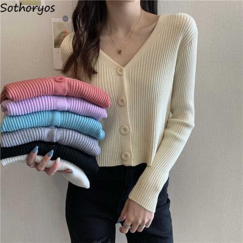 Women Cardigan Sweater Single Breasted Solid Crop Top V-Neck Females Leisure Chic Elegant Trendy Sweet Simple Design Outwear New