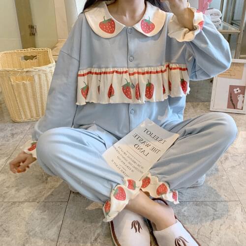 Pajama Set Women Kawaii Sleepwear Doll Collar Ruffles Strawberry Print Pijamas Japanese Teen Girls Home clothes Cute pyjamas