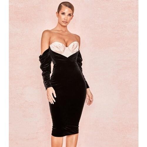 New Fashion Hot Selling Long Sleeve Velvet Offshoulder Party Outfit Short Women Dress Cocktail Celebrity Sexy Vestido Wholesale