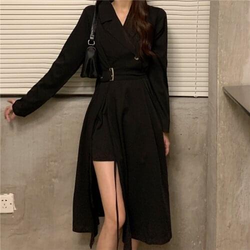 Long Sleeve Black suit collar Dresses Women 2021 Elegant Waist temperamentSashe Side Slit A-Line Vintage Midi Black Empire dress