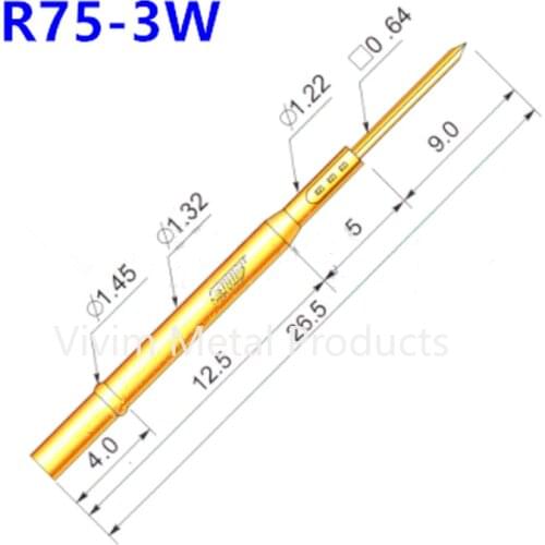 100Pcs R75-3W Spring Contact Probe Gold Color Brass Flat Head Pin for PCB Testing Spring Test Pogo Pins Dia 1.32mm Length 26.2mm