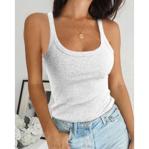 2020 Fashion Women Summer Elegant Strap U Neck Ribbed Casual Top Lady Sexy Solid Tank Top Oversize Top Plus Size Top