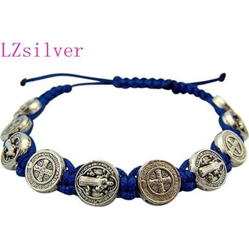 5 Pcs Zinc Alloy Saint St Benedict Medal on Adjustable Blue Cord Bracelets 8 Inch B-41