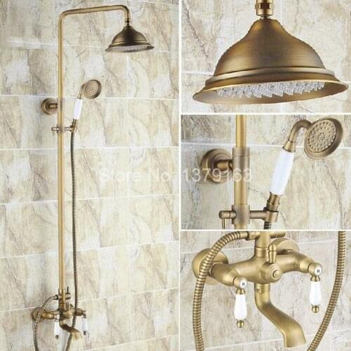 Antique Brass Two Ceramic Handle Bathroom Rain Shower Faucet Set Tub Mixer Tap + 8.2" Round Rain Shower Head + Handshower ars144