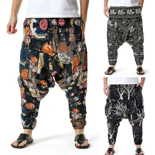 Oversize Trousers Funny Streetwear Male Casual Pants Men Pants Printed Drop Crotch Summer Multi Pockets Loose Trousers for Beach
