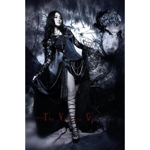 Black Gothic Halloween Dresses Costumes For Women 2016 Vintage Corset Prom Dresses With Long Sleeves Lace Shirt Halloween Party