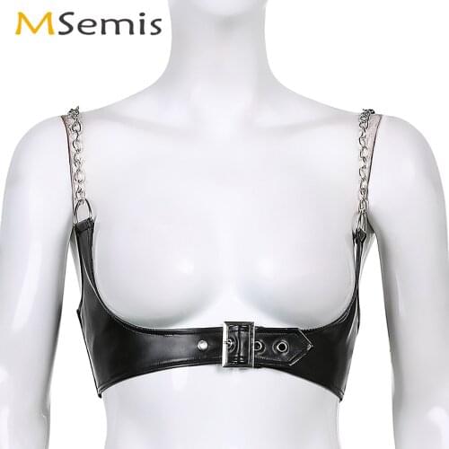 Women Bra Tops Wetlook PU Leather Corset Sexy Backless Open Cups Bralette Tanks Goth Metal Chain Straps Bustier Push Up Vest Top