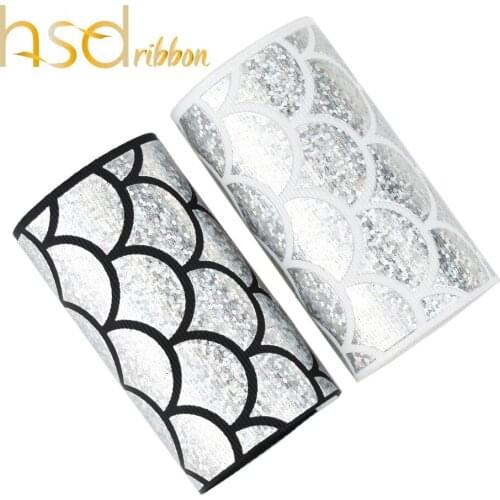 HSDRibbon 75mm silver scale Laser Foil Printed on White and Black Grosgrain Ribbon