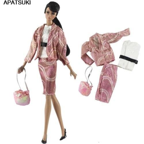 Pink Fashion Doll Clothes Set for Barbie Doll Outfits Coat Shirt Skirt Handbag Purse Party Costume 1/6 Doll Accessories Kid Toys