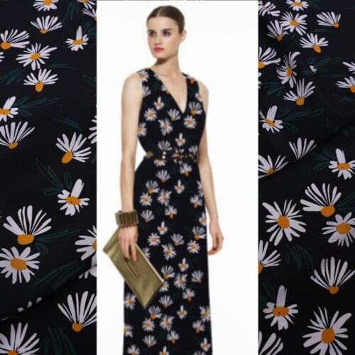 Digital Printing Crepe De Chine Mulberry Silk Fabric Summer New Black Daisy Clothing Dress Cloth by the Meter Sewing Material