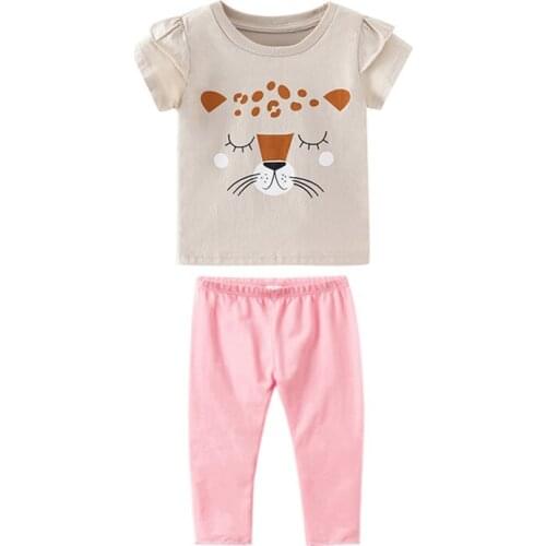 27KIDS Summer Suits Girls Two-piece Childrens Short-sleeved Trousers Pattern Cute Children Pink Lion Clothes 2-7Years
