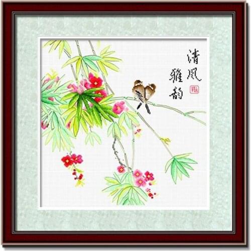 Two Little Birds Sitting on Bamboo Floral Stamped Cross Stitch Kit Embroidery needlework set
