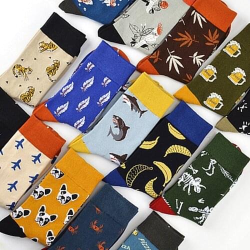 Mens socks shark dinosaur tiger beer dog pattern long tube happy male socks novelty skateboarding crew leisure fun men socks