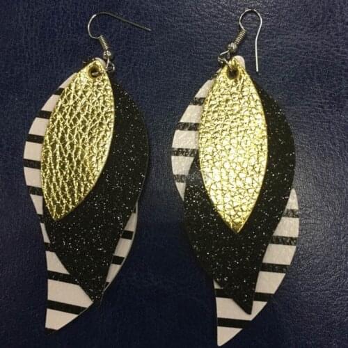 New! New! Glitter Leather Earrings Layered Plaid Fringe Feather Earrings Exaggerated Multi-layer Splice Leaf Shaped Earrings