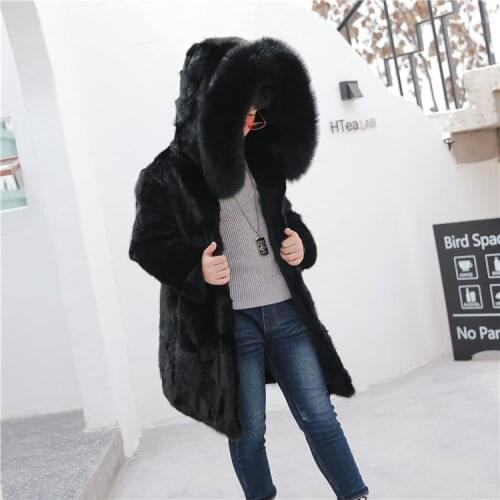 NEW real genuine natural kids mink fur coat with fox fur hood child fashion fur jacket boy black color warm winter outwear