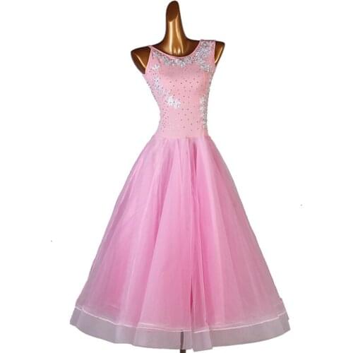 New Ballroom Dance Costumes Female Adult/Kids Sleeveless Backless Rhinestone Pink Dress Modern Standard Dance Clothing DQL5559