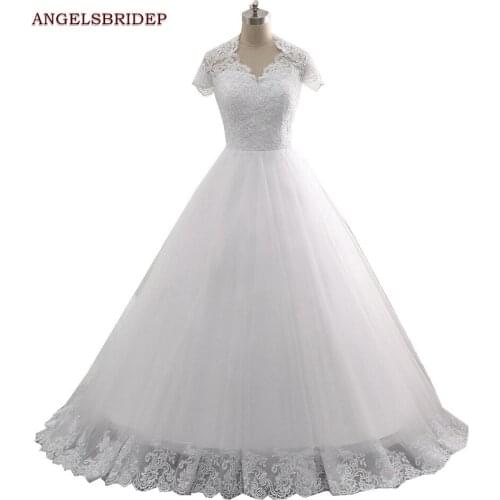 Charming Short Sleeves White Wedding Dresses Robe De Mariee Simple Design See-Through Back Applique Cheap Formal Bridal Gowns