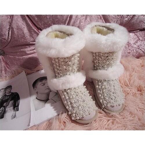 Original 2019 cute fairy leather rhinestone pearl three-dimensional flower rabbit fur snow boots cotton shoes boots
