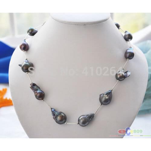 20" 12-15mm black BAROQUE KESHI REBORN PEARL gild drivepipe necklace