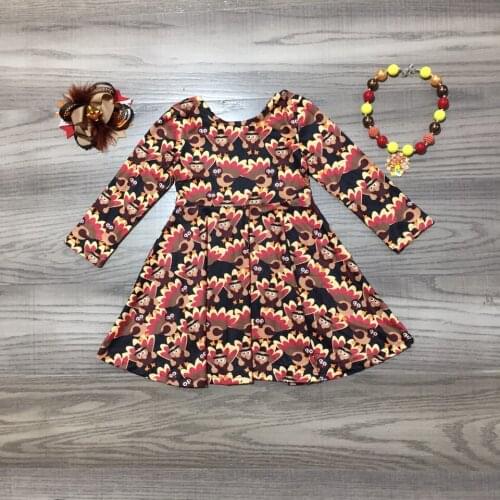 Girlymax Thanksgiving Baby Girls Turkey Milk Silk Long Sleeve Twirl Dress Kids Clothing Boutique Knee Length Match Bow &Necklace