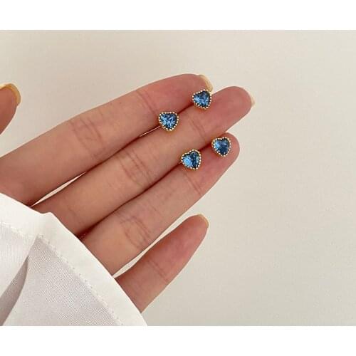 Silvology 925 Sterling Silver Blue Crystal Heart Small Stud Earrings for Kids Girls Minimalist Sleeper Earrings Womens Jewelry