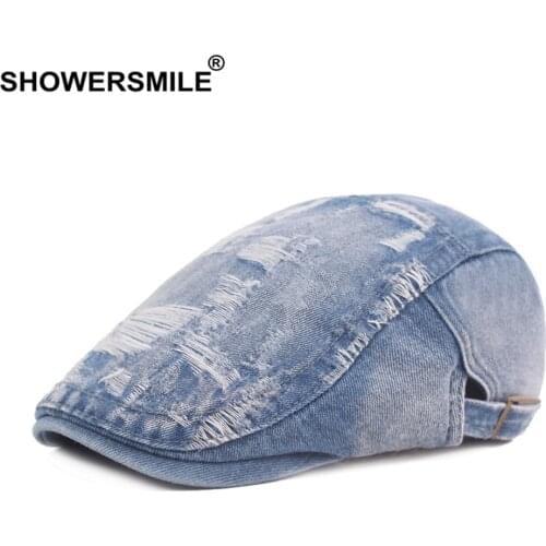 SHOWERSMILE Mens Beret Do Old Hole Denim Flat Cap for Men Light Blue Adjustable Newsboy Unisex British Style Brand Driving Hat