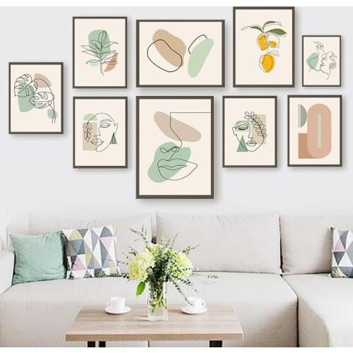 Nordic Green Line Drawing Kiss Face Canvas Poster Boho Abstract Plant Art Painting Simplicity Modern Wall Picture Home Decor