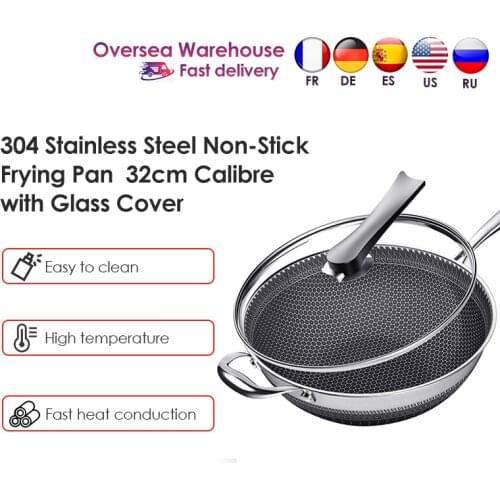 304 Stainless Steel Frying Pan Non-Stick Pans with Lid 32 Caliber Double-sided Honeycomb Cooking Pot for Kitchenware