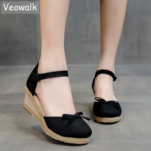 Veowalk Summer Women Linen Bow Knot 6cm Wedge Sandals Bohemian Ladies Casual Comfortable Hemp Espadrilles Platform Pumps 34-41