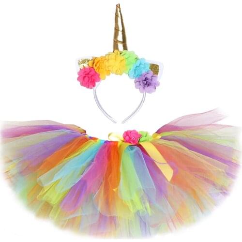 Rainbow Unicorn Tutu Skirt with Hairband Girl Tutus Kids Tulle Skirts for Birthday New Year Costume Toddler Outfits 3M-14 Years