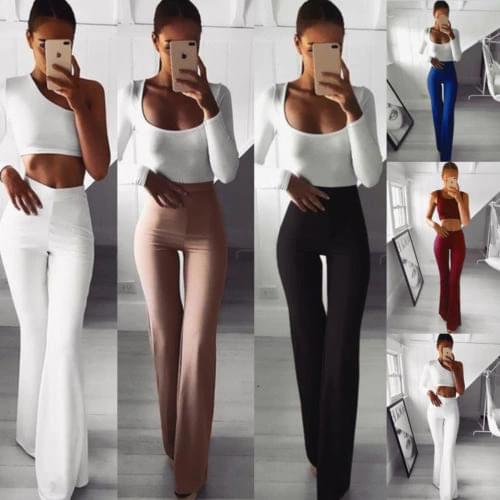 Women Long Flared Pants Slim Fit Solid Wide Leg Work High Waist Pants Lady Pop Stretch Elegant Trousers