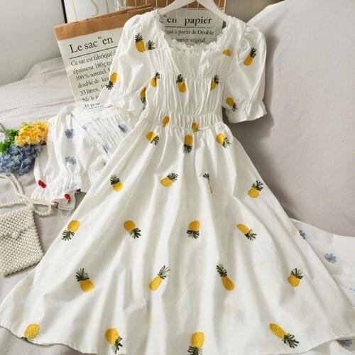 Summer Dress Women 2021 New Sweet Lace Square collar High Waist Slim Short sleeve Dresses Office Strawberry embroidery Dress