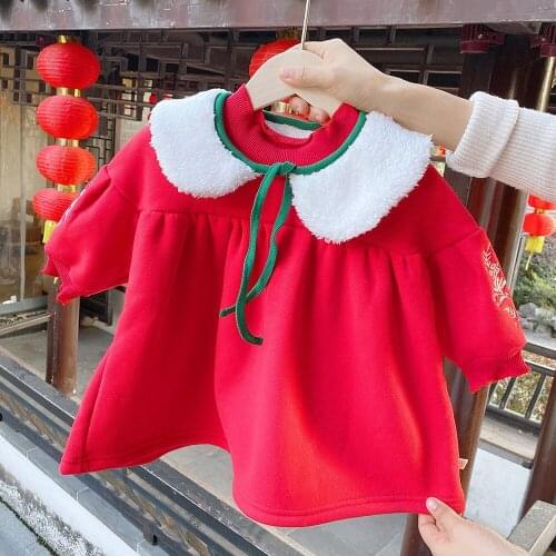 2020 Winter Girls Long Sleeve Thick Warm Clothes Child Embroidery Flower Chinese Style Princess Dresses Kids Plus Velvet Costume