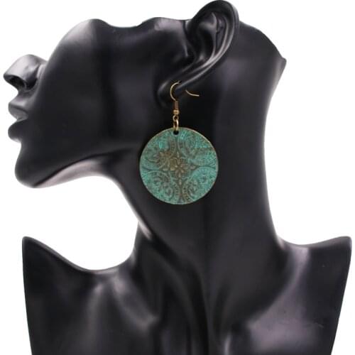 1pair Green Bronze Circle Shaped Drop Earrings Charm Danglers Boho Style Ethnic Ear Jewelry Gift For Women E024