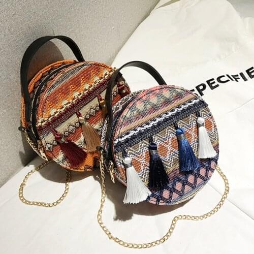 1PC Boho Rattan Weave Shoulder Bag Round Messenger Tassels Women Cross Body Bag