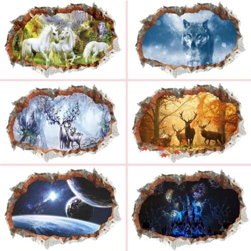3d Broken Wall Hole Wall Stickers For Room Bedroom Office Living Mural Art Decals Diy Animal Deer Wolf Scenery Home Decoration