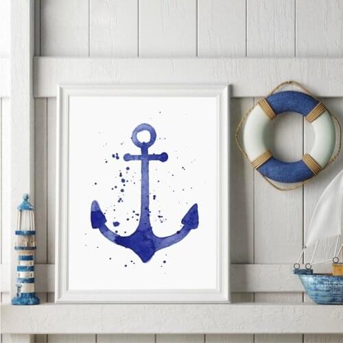 Watercolor Anchor and Steering Wheel Art Print Pictures , Nordic Style Canvas Art Painting Bathroom Ocean Decoration