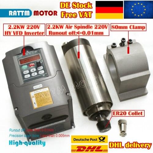 〖EU Free VAT〗2.2kw Air Cooled Spindle motor 220V 8A 24000rpm ER20 Runout-off 0.01mm & 2.2KW HY Inverter & 80mm Bracket for CNC