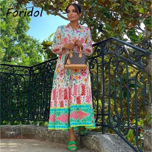 Foridol Floral Print Casual Boho Shirt Dress Maxi Long Autumn Winter Long Sleeve Dress Vestidos 2021 Button Up Dress