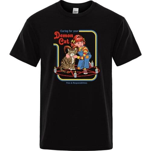 Caring for your Demon Cat Comics Print T Shirts Men Fashion Loose Tee Clothing Creativity Summer Tshirt Fashion Brand Mens Tops