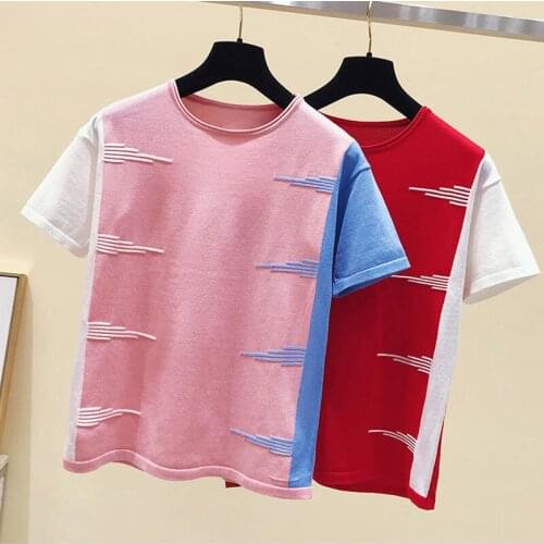 Summer Vogue Knitted T shirt Women high stretch Short Sleeve Slim Contrasting Tee Shirt Femme Ladies Pullover Tshirt Tops