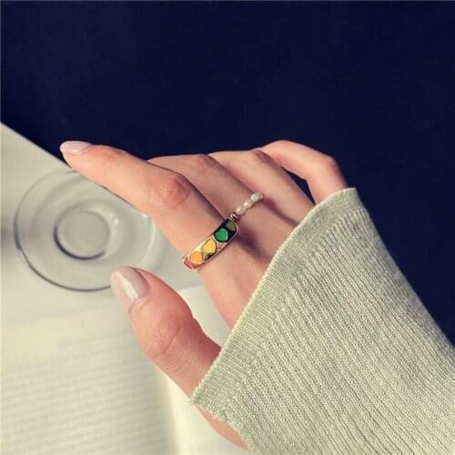 Hip-Hop/rock Fashion Sweet Love Form Contrast Color Ring Personality Joker Pearl Ring Ins Wind Women Two - Piece Forefinger Ring