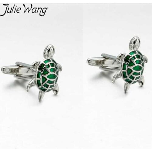 Julie Wang 1 Pair Brass Turtle Cufflinks For Mens French Shirt Cuff Buttons High Quality Green Sleeve Nail Business Gift