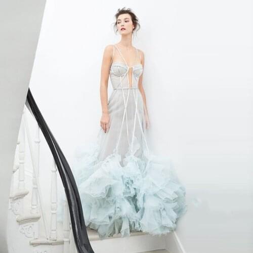 Beautiful Sky Blue Ruffles Tulle Mermaid Formal Dresses Long Women Christmas Party Dress Fashion Prom Gowns 2021